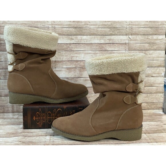 Lands End Cognac Brown Suede Leather Faux Fur Boots Size 10 Women’s Sherpa Wedge - Picture 3 of 7